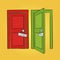 Vector hand drawn pop art illustration of doors. Open and closed