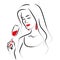 Vector hand drawn portrait of young beautiful lady holding wine glass isolated on white background.