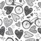 Vector hand drawn romantic seamless pattern. Bicycles, hearts doodle style, black and white vintage background. Wedding