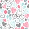 Vector hand drawn romantic seamless pattern. Bicycles, hearts doodle style, black and white vintage background. Wedding