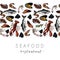 Vector hand drawn seafood banner.colored Lobster, salmon, crab, shrimp, octopus, squid, clams.Engraved art in stripe