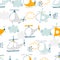 Vector hand-drawn seamless childish pattern with cute flying helicopters and clouds on a white background. Kids texture