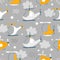 Vector hand-drawn seamless childish pattern with cute flying helicopters, stars and clouds on a gray background. Kids