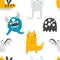 Vector hand-drawn seamless childish pattern with cute funny monsters on a white background. Alien. Kids texture for