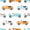 Vector hand-drawn seamless childish pattern with cute retro racing cars on a white background. Kids texture for fabric