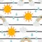 Vector hand-drawn seamless childlish pattern with cute sun, clouds, drops and rainbows on a striped background. Kids