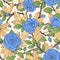 Vector hand drawn seamless pattern of blue rose flowers with buds, leaves, thorny stems and yellow quartz crystals