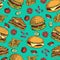 Vector hand drawn seamless pattern of burgers, french fries, sandwich, tomato and onion.