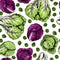 Vector hand drawn seamless pattern of cabbages and brusells sprouts. Colored detailed illustration. Farm vegetables