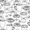 Vector hand drawn seamless pattern of coffe, donut, waffel and candy. Sweet breakfast. Hand drawn set of fast food