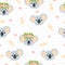 Vector hand drawn seamless pattern with cute koala bear face in cartoons style on white background with dots and leaves. Repeated