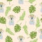 Vector hand drawn seamless pattern with cute koala bear with flower wreath eating eucalyptus leaf on begie background with tropica