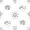 Vector hand drawn seamless pattern, decorative stylized black and white childish houses, trees, sun, cloud. Doodle sketch style, g