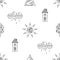 Vector hand drawn seamless pattern, decorative stylized black and white childish houses, trees, sun, cloud. Doodle sketch style, g