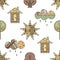 Vector hand drawn seamless pattern, decorative stylized childish house, tree, sun, cloud, rain Doodle style, graphic illustration