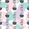 Vector hand drawn seamless pattern with geometric and brush painted elements, cactuses and succulents in pots