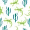Vector hand drawn seamless pattern with green watercolor lizard and cactus