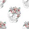 Vector hand drawn seamless pattern illustration of smiling skull with watercolor flowers, spider web, tooth, face of human Print