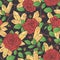 Vector hand drawn seamless pattern of red rose flowers with buds, leaves, thorny stems and crystals on the black dotted background