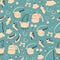 Vector Hand Drawn Seamless Pattern of Shoes and Bags. Vector Doodle Elements.