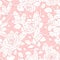 Vector hand drawn seamless pattern of white rose flowers with buds, leaves, thorny stems and quartz crystals on pink