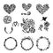Vector Hand Drawn Set Of Round Frames, Flovers, Hearts, Wreaths. On white Background