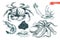 Vector hand drawn set of seafood icons. Crab, shrimp, squid, octopus, caviar and oyster. Engraved art.