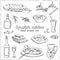 Vector hand drawn set of spanish cuisine. soup, liver in garlic Paella, meal with rice and seafood, fried cookie churros