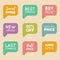 Vector hand drawn set of speech bubbles with sale phrases. Discount card collection, Buy Now,Half Price,Last Chance etc.