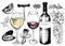Vector hand drawn set of wine and apetizers. Grape, bottle, wineglass, rosemary, corckscrew, lime, mussel, spices.