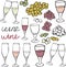 Vector hand drawn set of wineglasses, grapes and glassware