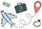 Vector hand drawn travel elements with airplane, location, ticket, suitcase, arrow.