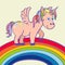 Vector hand drawn unicorn standing on a rainbow