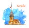 Vector hand drawn watercolor illustration of Maiden Tower in Istanbul