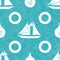 Vector hand drawn white sailing boats, anchors and life buoys on aqua watercolor effect background. Seamless geometric
