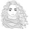 Vector hand drawn young curly woman in a voluminous scarf.