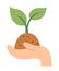 Vector hand holding growing baby plant. Ecological planting a seed or tree concept. Deforestation and forest protection