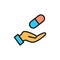 Vector hand holding pill flat color icon.