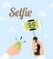 Vector : Hand holding selfie monopod stick and other hand click