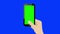 Vector hand holding a smart phone vertically with green screen
