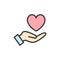 Vector hand holds heart, care, kindness charity, donation flat color line icon.