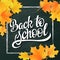 Vector hand lettering greeting text - back to school - with chalk frame and realistic maple leafs on blackboard