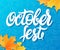 Vector hand lettering oktoberfest label on doodle background with realistic maple-leaf