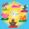 Vector hand-painted yoga postures with cartoon animals in different poses for body care and feet in the lotus health and fitness