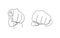 Vector hand with pointing finger and fist gesture, black outline illustrations, isolated.