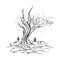 Vector hand sketched illustration of deserted landscape with dead tree.