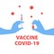 Vector handdrawn illustration of nurse or doctor gloved hands with syringe and ampoule with the vaccine and viruses around.
