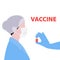 Vector handdrawn illustration of nurse or doctor in mask and gloved hand with ampoule with the vaccine. Medical concept