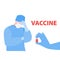 Vector handdrawn illustration of nurse or doctor in mask and gloved hand with ampoule with the vaccine. Medical, search for a cure