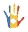Vector handprint in the form of the flag of Romania. blue, yellow, red color of the flag
